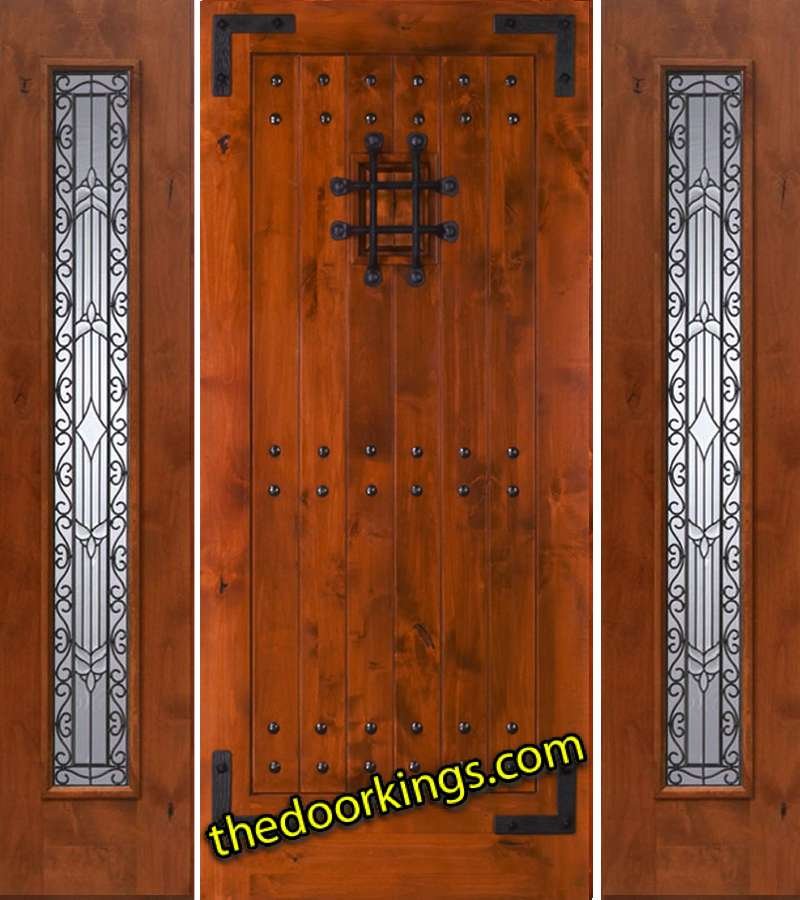 sw70 knotty alder wood door with two iron classic sidelites